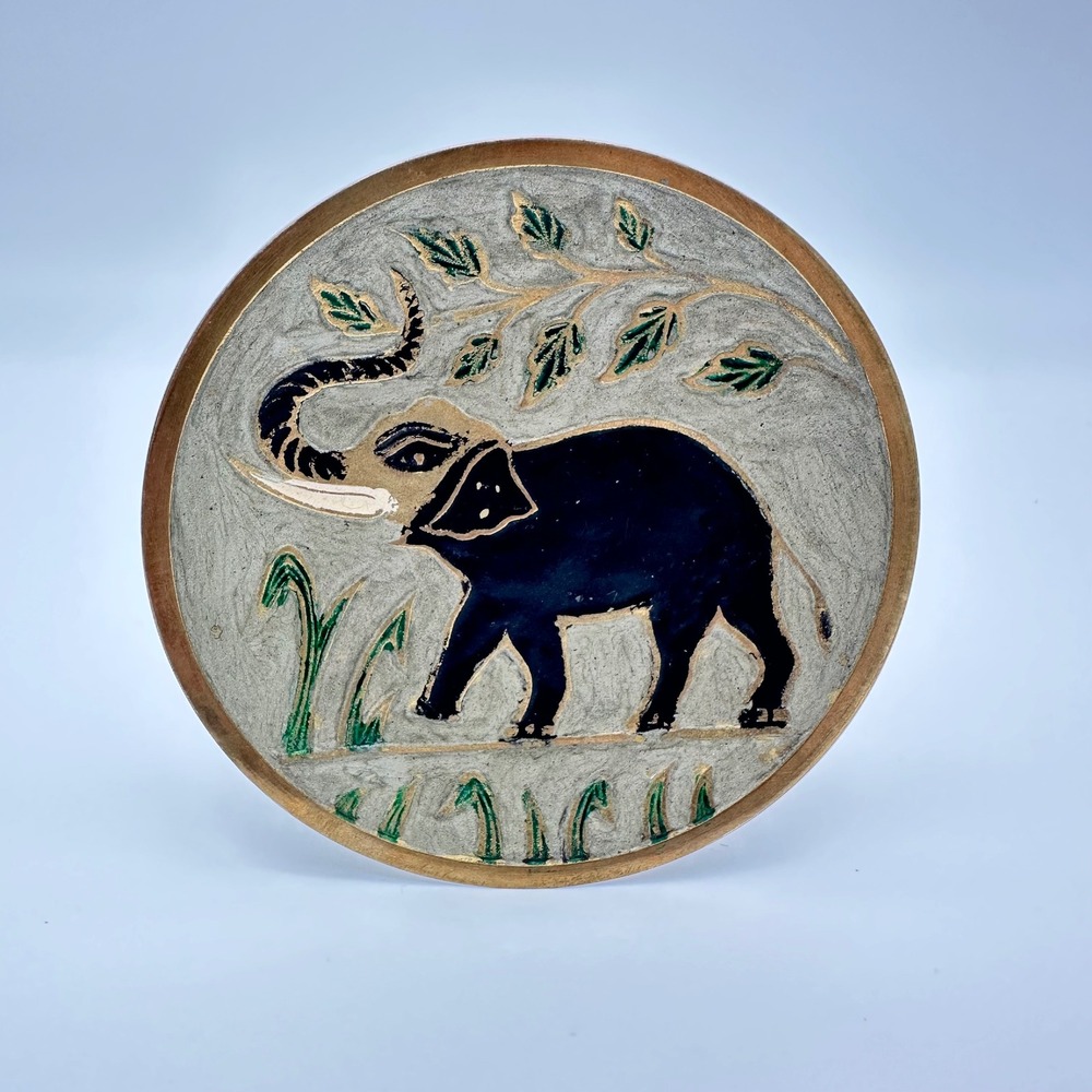 Vintage Brass Decorative Plate Elephant 5" Gold Black Enamel India Wall Art - Picture 6 of 8